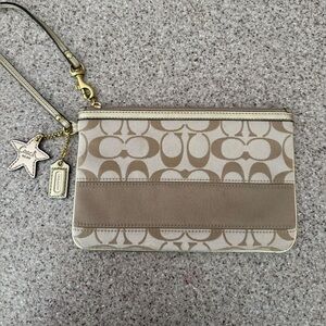 Coach Legacy Stripe Tan Clutch with Signature Monogram